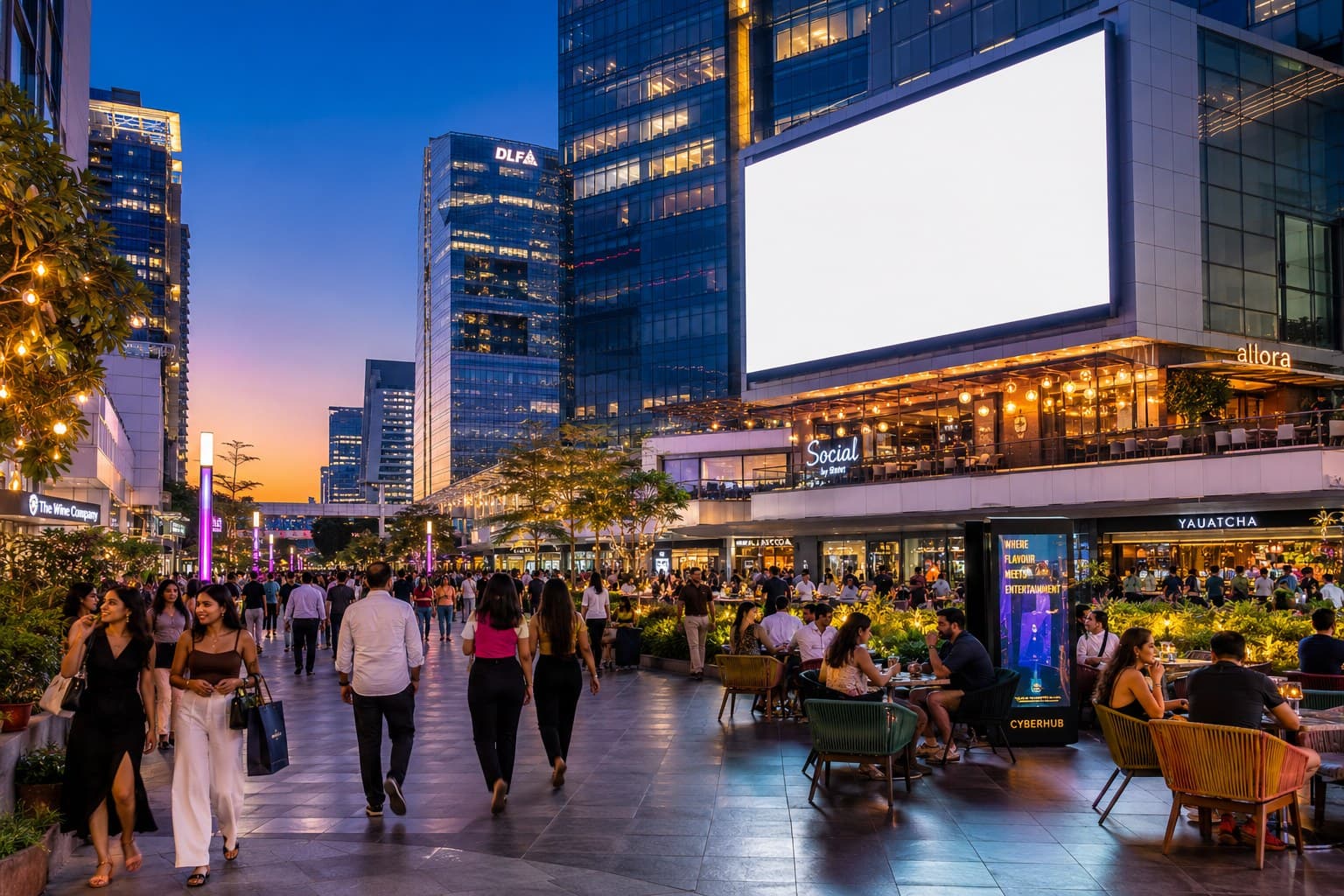 A digital advertising screen in a busy shopping venue